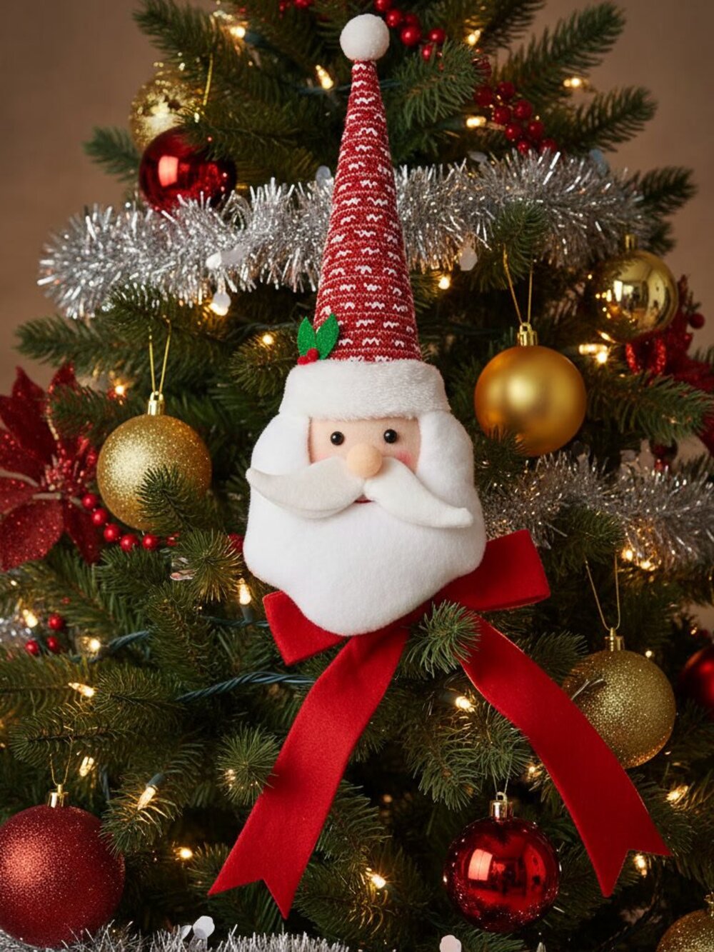 20" Plush Santa Claus Tree Topper - Cone Head Christmas Decoration with Red Bow